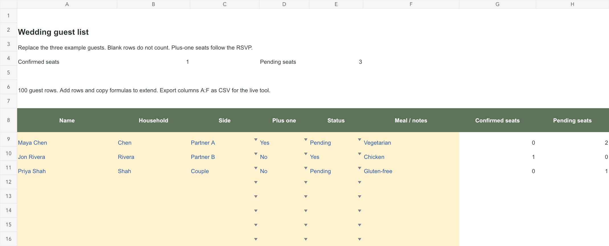 Preview of the guest list template workbook with input cells and calculated columns